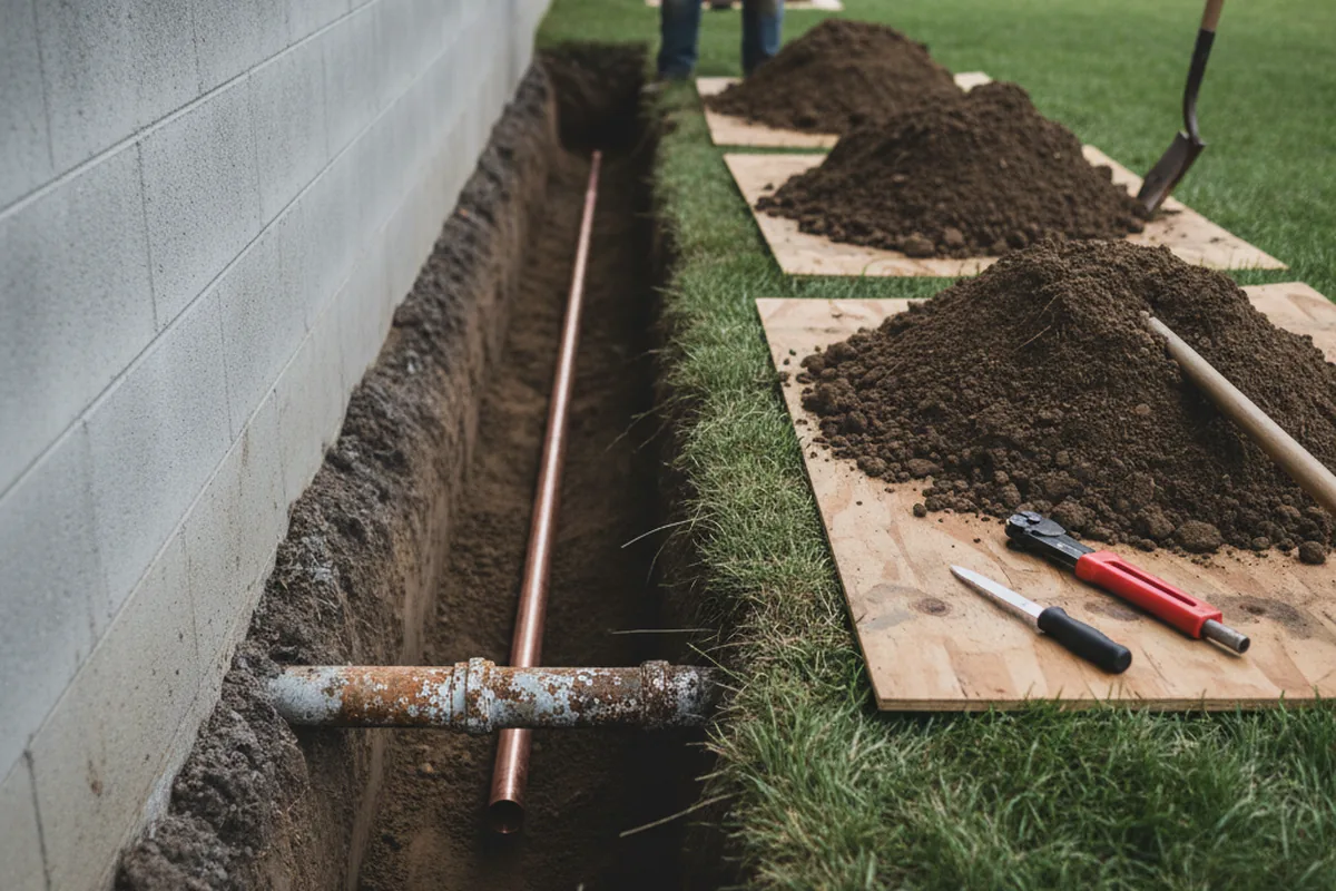 Excavated water line trench during Sewer Line Repair in West Mineral